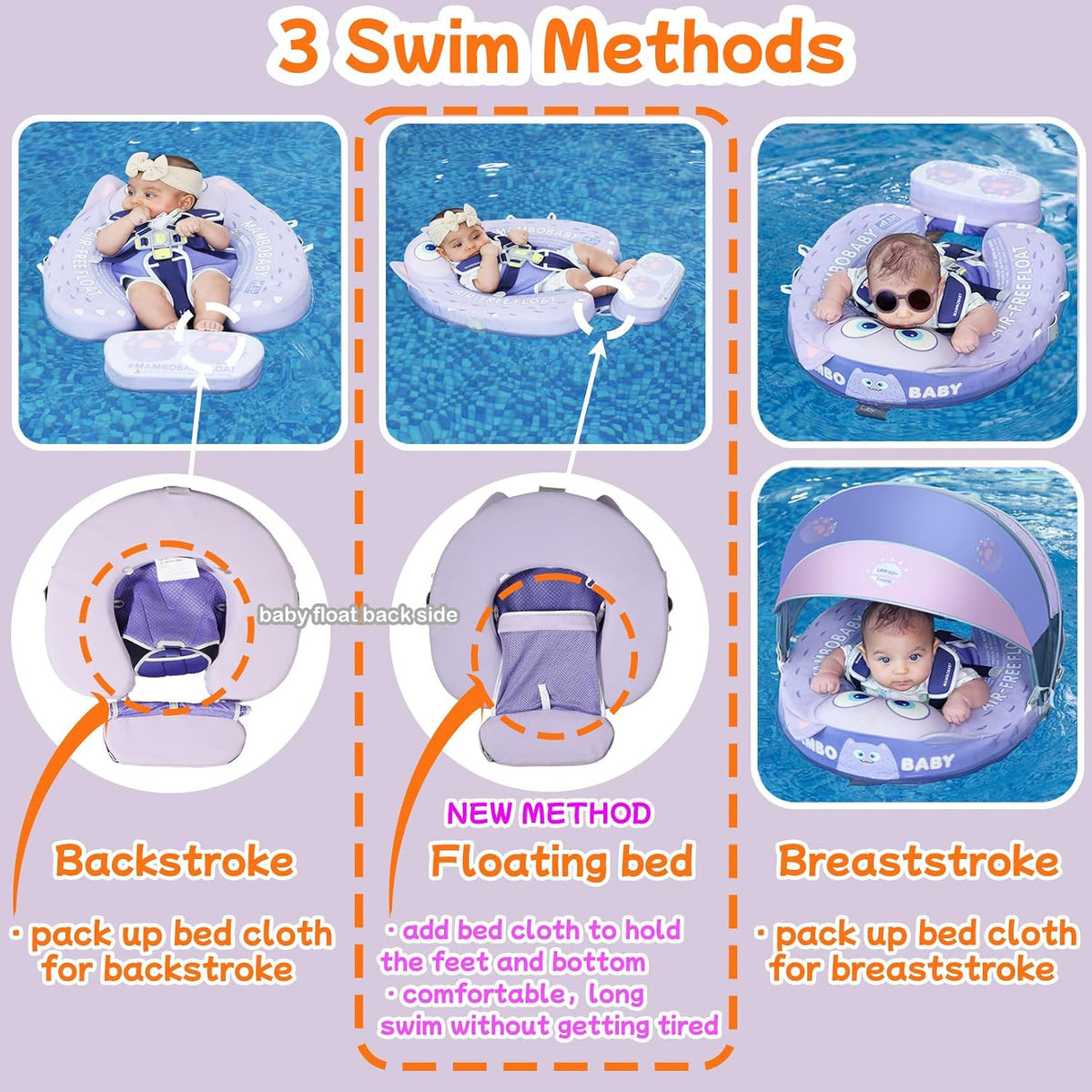 Mambobaby Float with Canopy UPF 50+ and Tail Non-Inflatable Baby Pool - Monster Purple - image 2