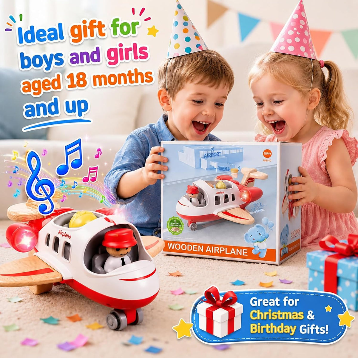 Wanborns kids airplane toy, wooden mini airliner with sound and light - view 4