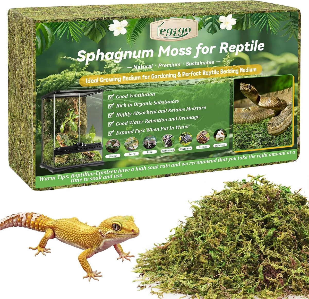 14OZ Natural Sphagnum Moss for Reptile Terrarium Substrate Bedding – Daily Care for Reptiles And Amphibians - 1.3LB