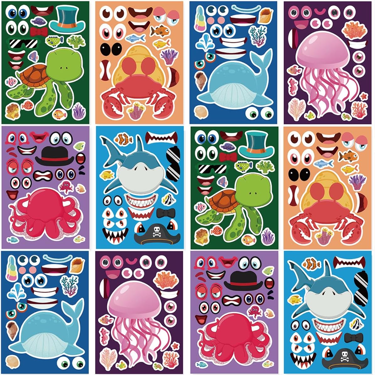 24 Sheets Make a Face Stickers for Kids Toddlers Party Favors Crafts – Fun for Kids & Family - Sea Animals