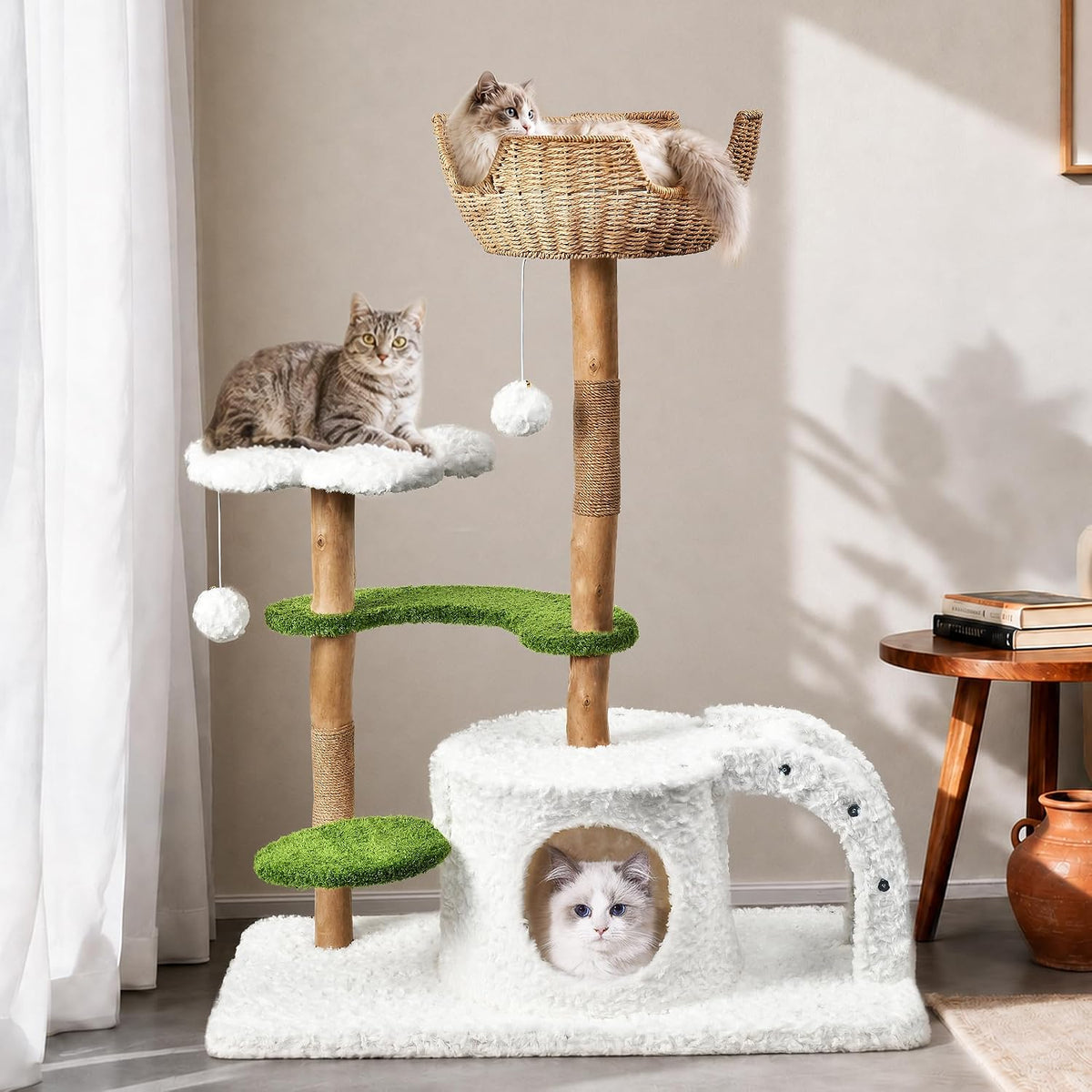 Easyego Modern Cat Tree, 26.3" Aesthetic Wood Cat Tree Tower for Small Cats – Essentials for Cats - White&Green / 45.6'' - image 2