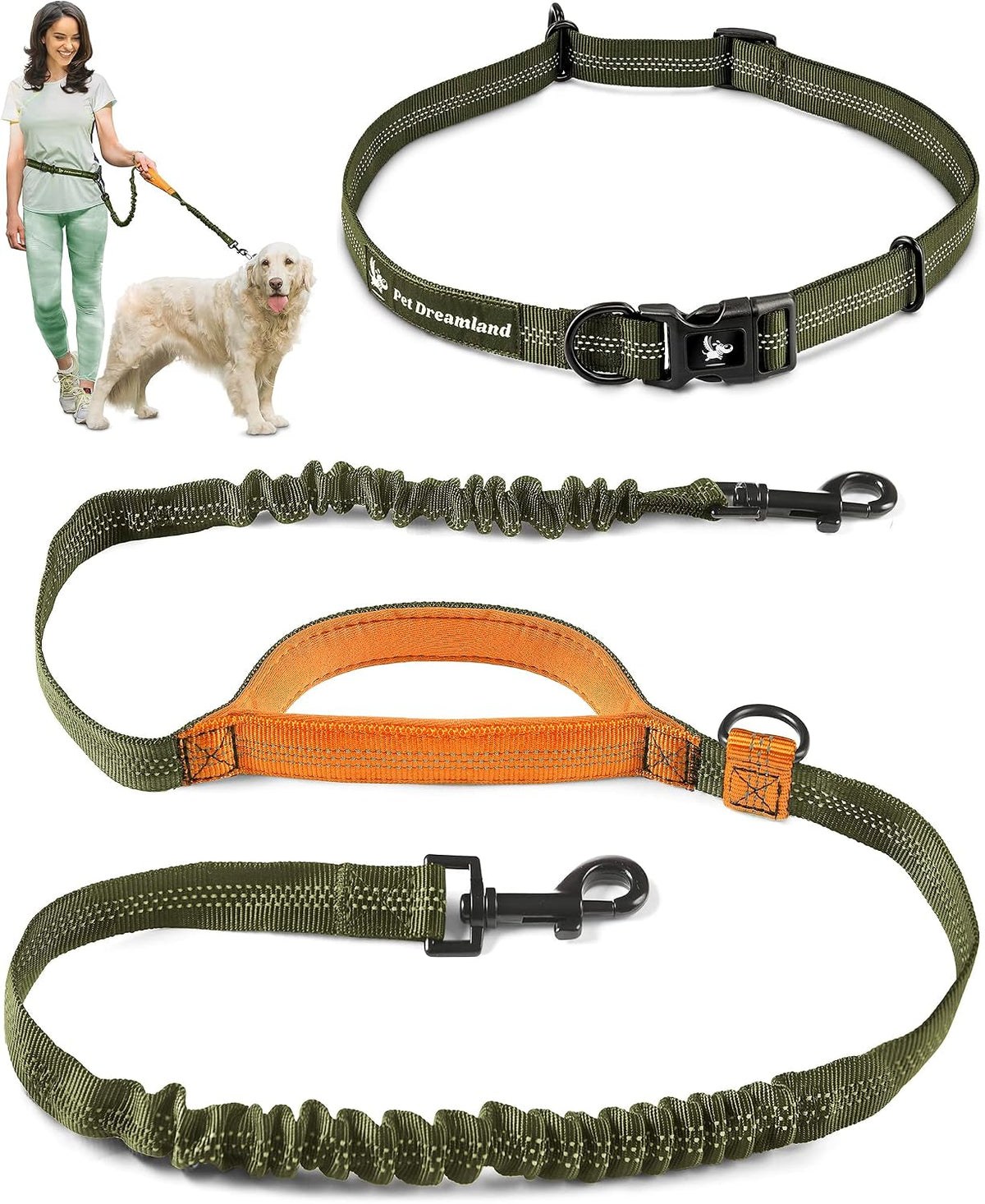 Exquisite Hands Free Leash for Large Dogs. Ultimate Comfort & Freedom - Khaki & Orange / Long (3.6FT) - For Large Dogs (35-150lbs)