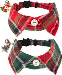 Two Christmas cat collars with bow ties and bells, red and green plaid