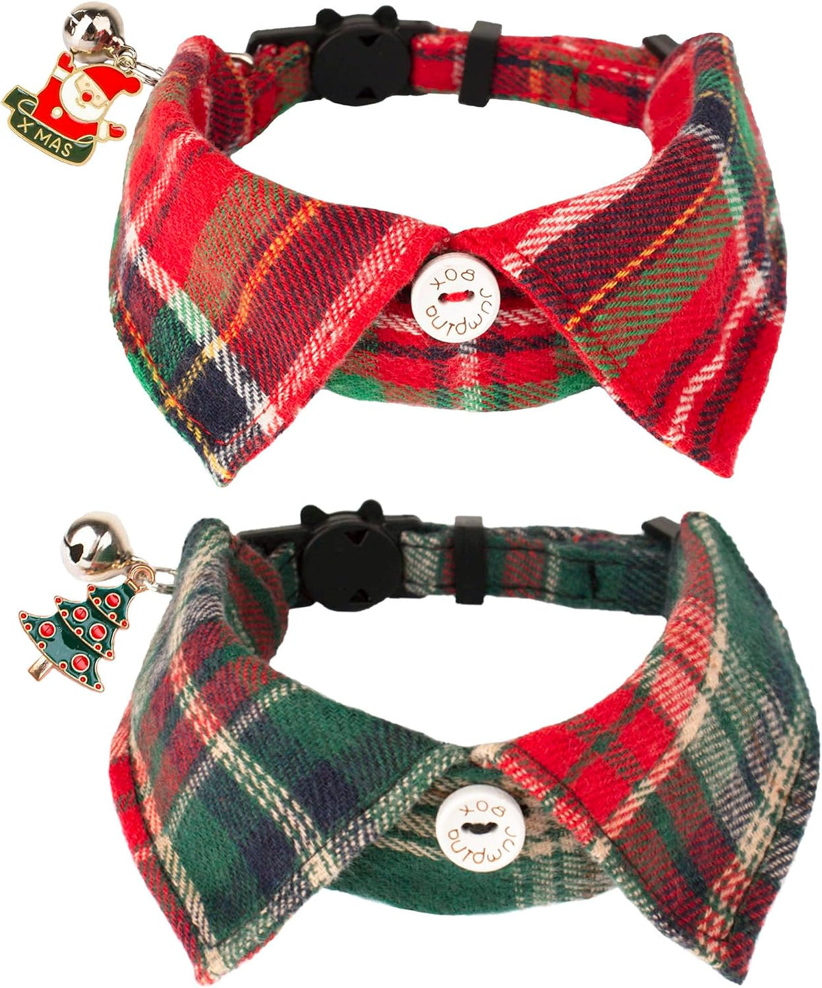 Two Christmas cat collars with bow ties and bells, red and green plaid
