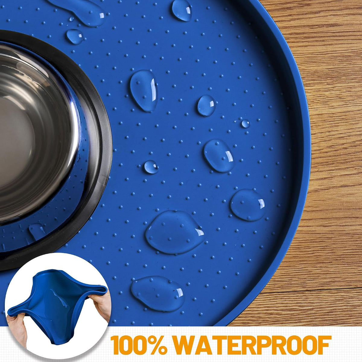 Hubulk 100% Waterproof Silicone Pet Feeding Mat with Raised Edge - Navy Blue / 16"L x 10"W - image 4