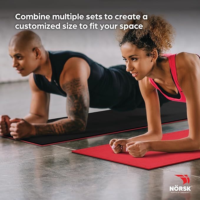 Norsk Reversible Gym Exercise Mats 3/4" Thick EVA Interlocking Foam Tiles, Perfect Home Gym Flooring, 16 24"x24" Tiles & 32 Trim Pieces, 64 Sq. Ft. Reversible, Red/Black