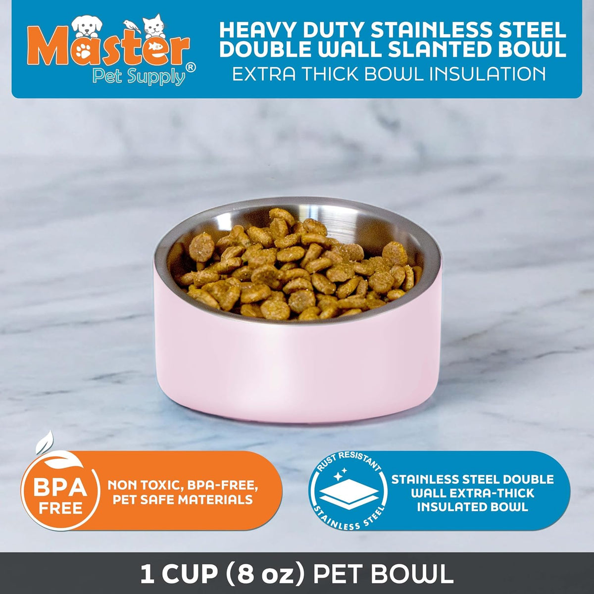 Master Pet Supply Stainless Steel Slanted Dog Cat Food Bowl 24 oz - Rose Quartz / 1 Cup (8 oz) - image 2