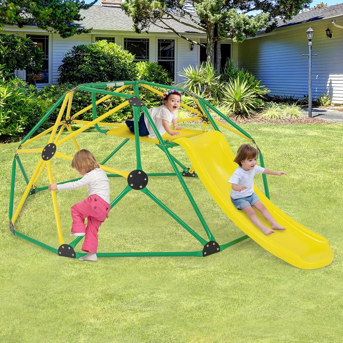 Olakids geometric climbing dome with slide, green steel frame for backyard play - view 7