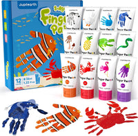 JUPITEARTH washable finger paint set for toddlers with 12 color tubes, apron, brush, palette and eye stickers