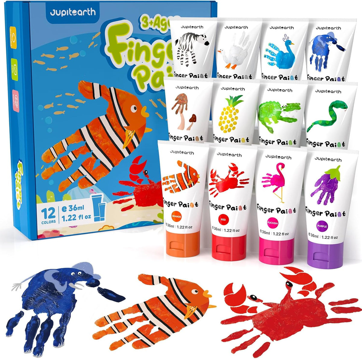 JUPITEARTH washable finger paint set for toddlers with 12 color tubes, apron, brush, palette and eye stickers