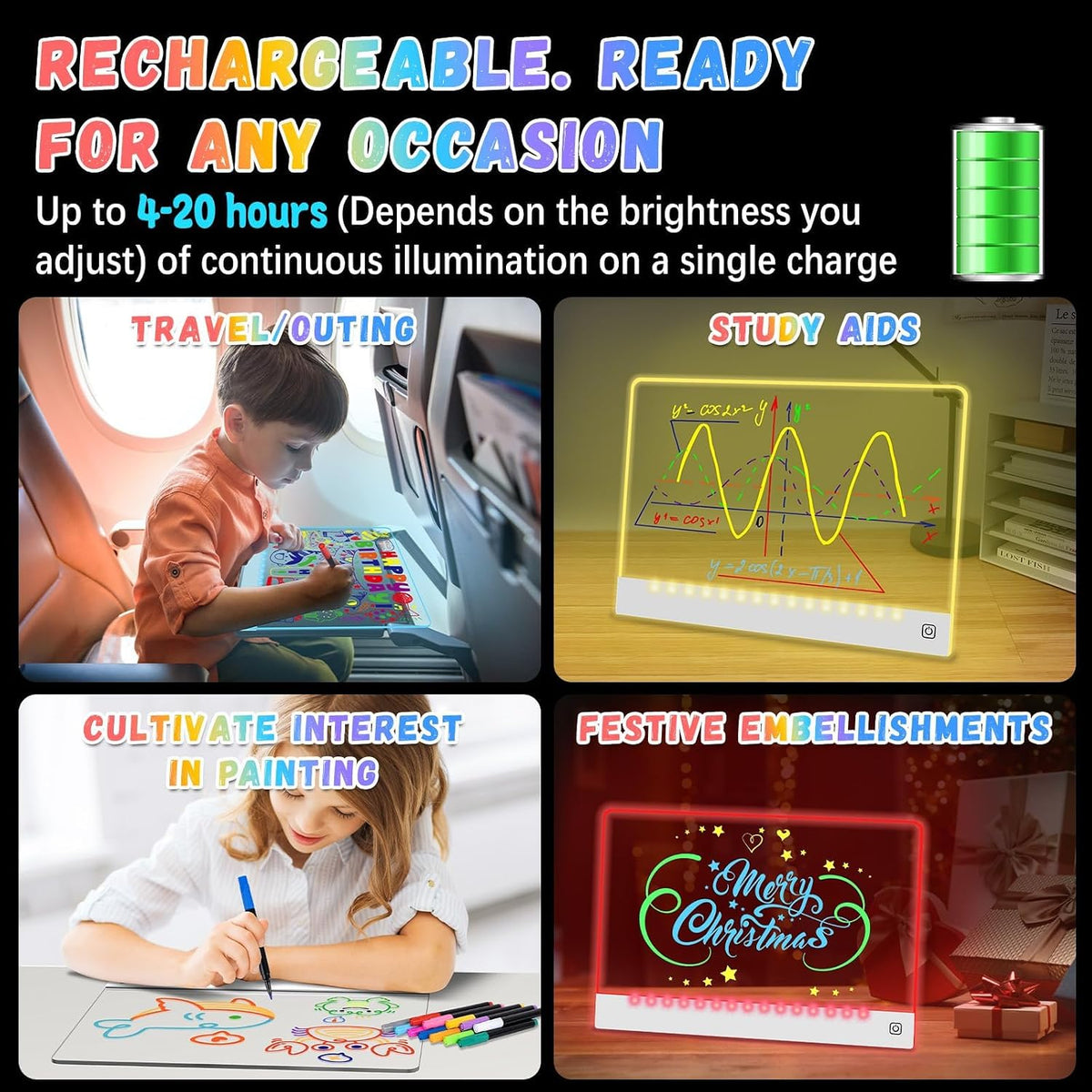 16" Rechargeable LED Drawing Board for Kids, 7 Colors - White3 / 2PACK - image 3