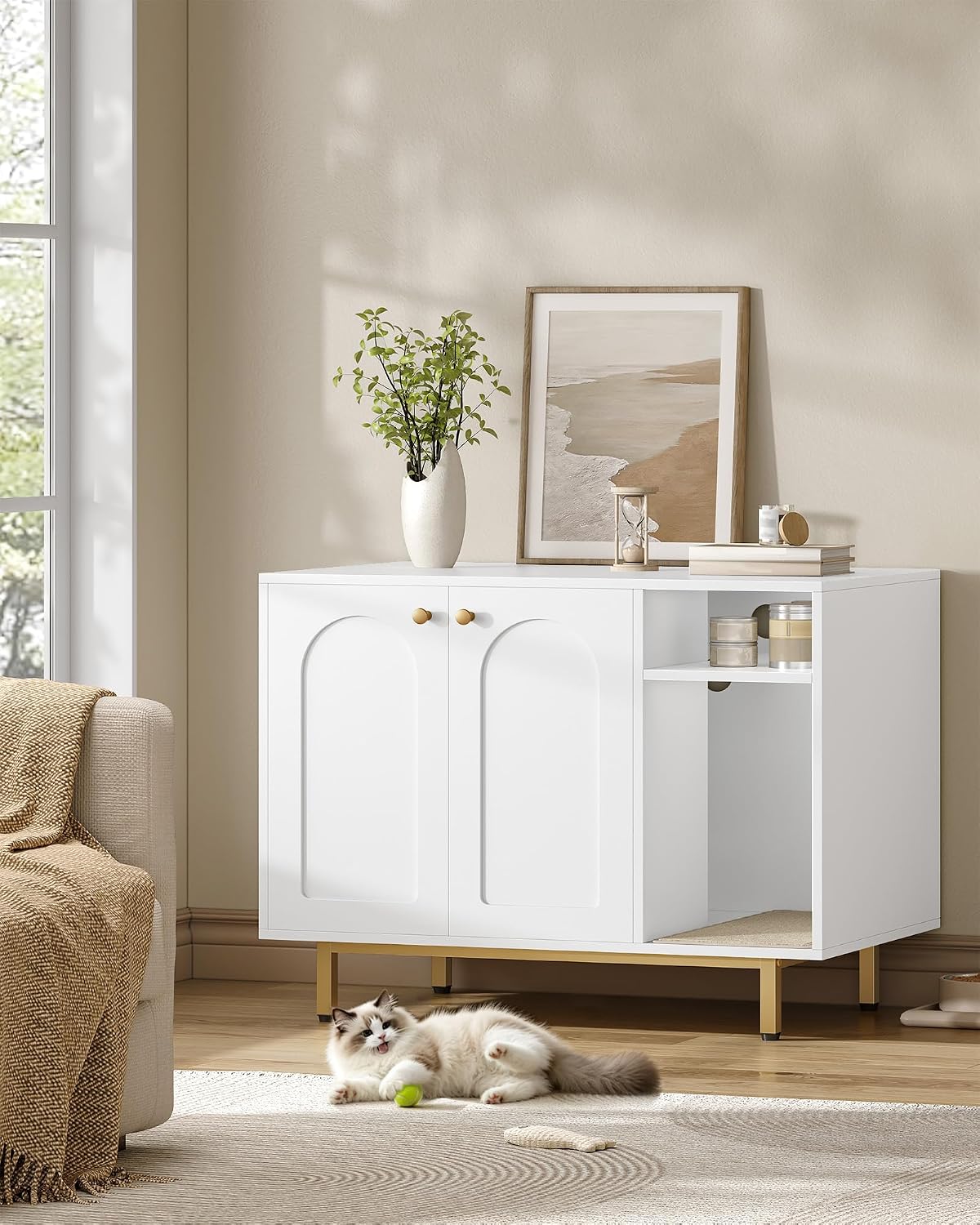 Hzuaneri Cat Litter Box Enclosure - White and Gold / 31.4"L x 19.6"W x 24"H - image 2