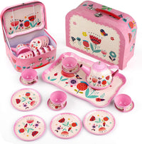 D-FantiX 15 piece pink tin tea party set with teapot, cups, saucers and suitcase