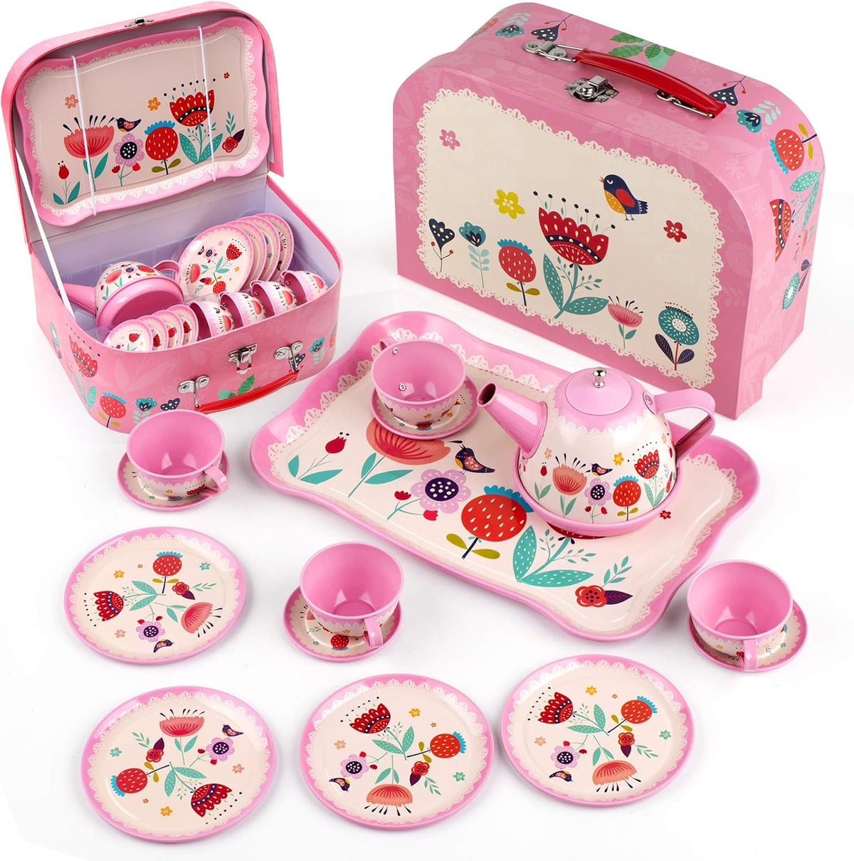 D-FantiX 15 piece pink tin tea party set with teapot, cups, saucers and suitcase