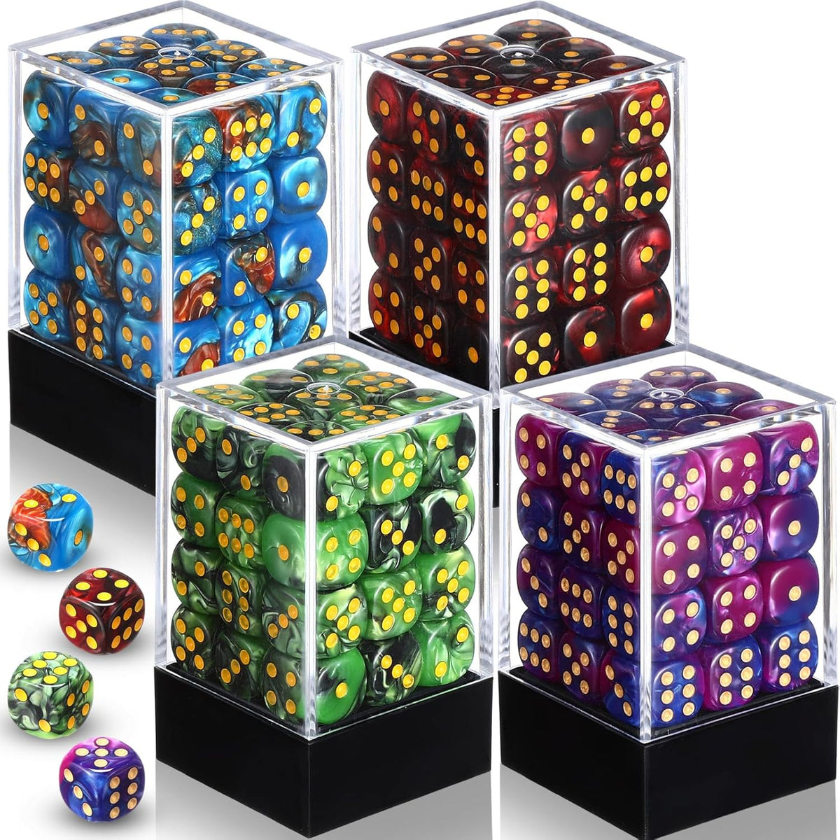 Foilswirl 144-piece 12mm mini dice set in brown, dark red, blue and gray with storage boxes
