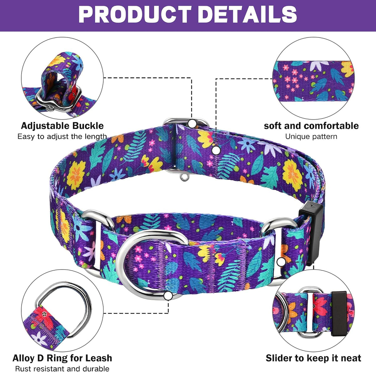 Hikiko Martingale Dog Collar Without Buckle - Colourful Blossoms / Small - image 4