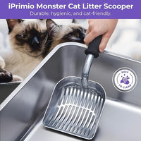 iPrimio Monster Metal Cat Litter Scoop with 17-Inch Long Handle - Extra Large Deep Shovel with Rounded Corners for Extended Reach and Soft Ergonomic Grip for Effortless Cleaning