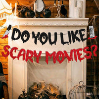 OKUSUN Do You Like Scary Movies banner with black and red glitter letters for horror movie night - view 4
