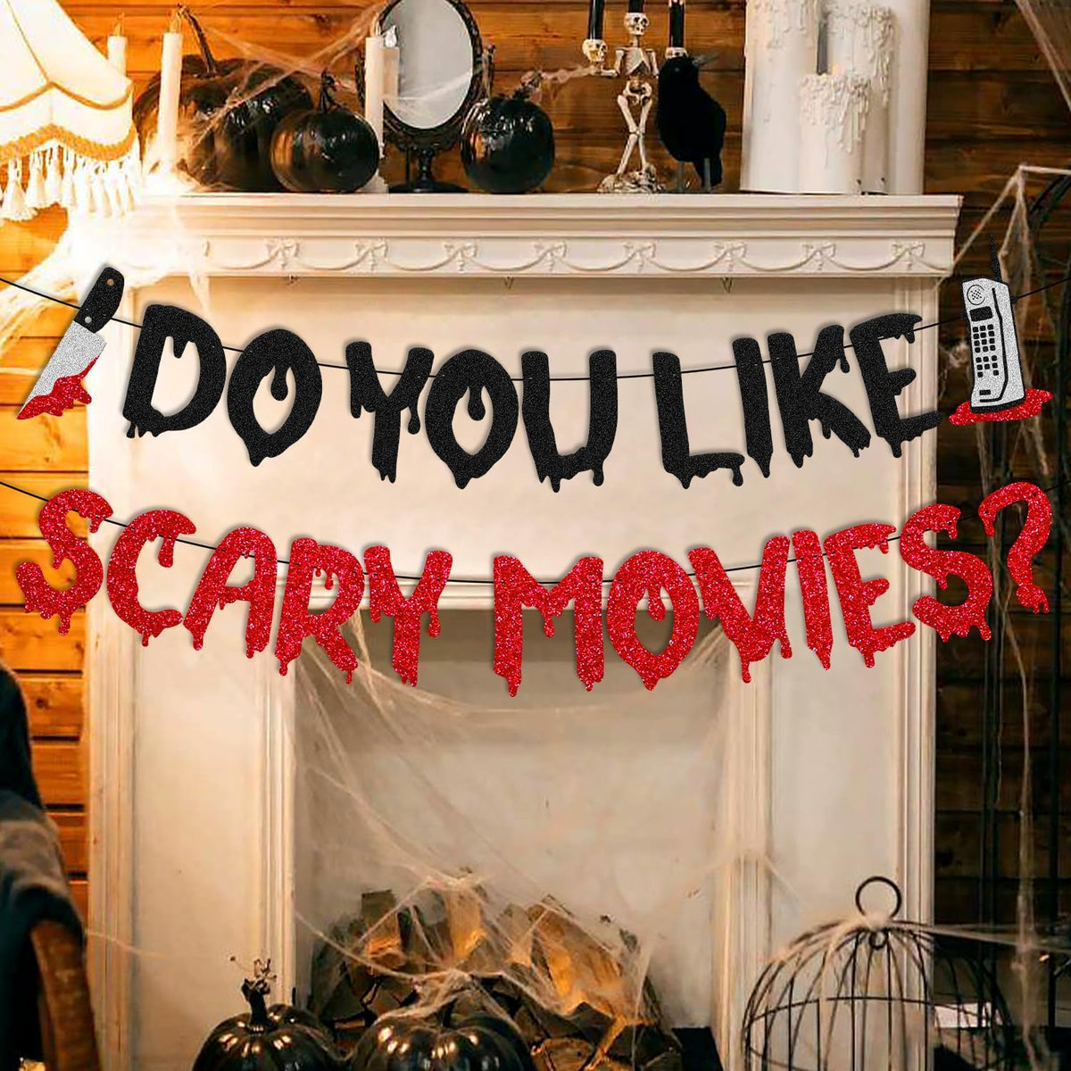 OKUSUN Do You Like Scary Movies banner with black and red glitter letters for horror movie night - view 4