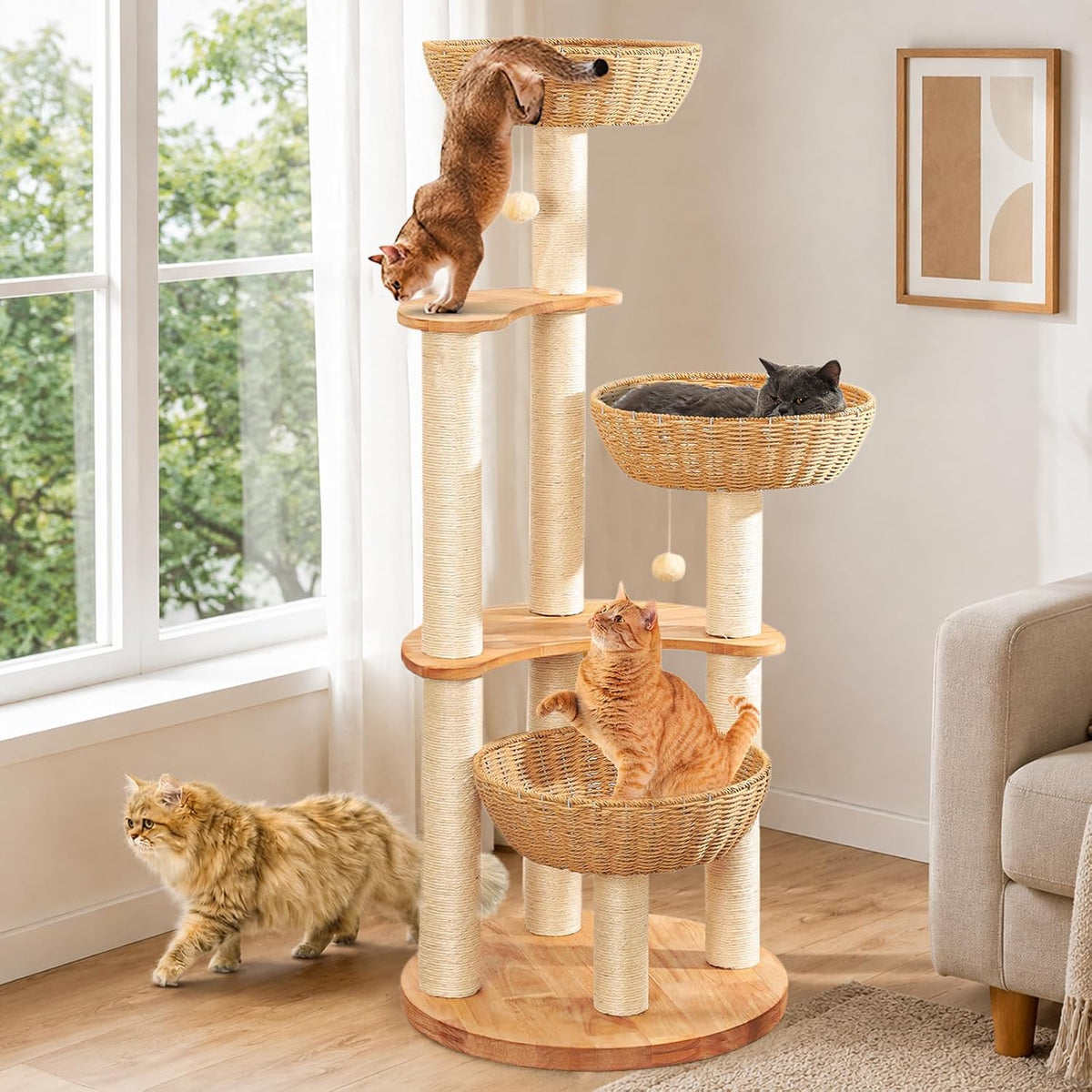 SHODMI 54" Modern Cat Tree Tower for Indoor Cats - Genmai Y816ss Oak Cat Tree