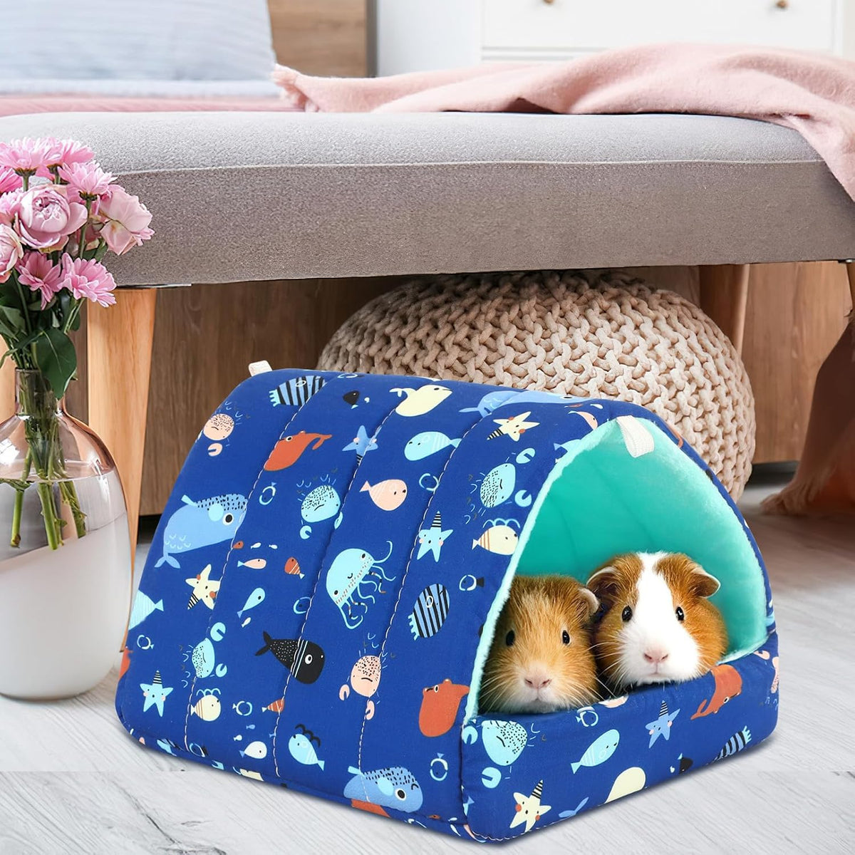 UPINS 2 Pack Guinea Pig Hideout, Washable Small Animal House Bed – Daily Care for Small Pets - 6.8 x 7.4 inch / Blue Orange - image 4