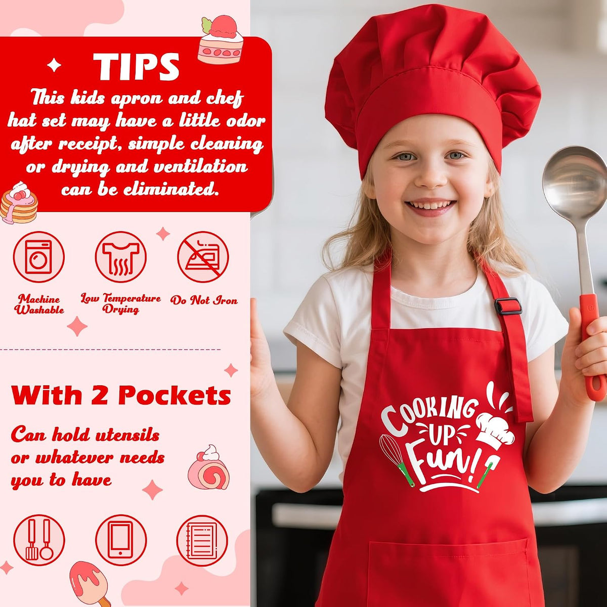 R HORSE Kid Apron and Chef Hat Set - Red Cooking - image 3
