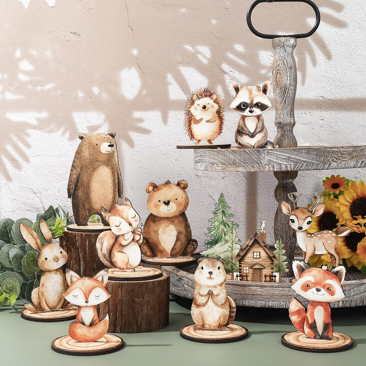 FYSUIMU woodland animal table centerpieces, 12 painted wooden signs standing in matching bases - view 11