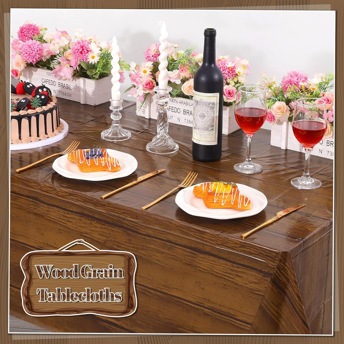 NatNarr 3 Pack Wood Grain Plastic Tablecloths - Wood Grain - image 3