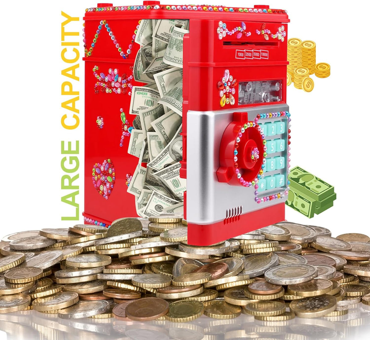 Piggy Bank for Kids Girls Boys with Password Code Lock Cash Coin Can - Red - image 3