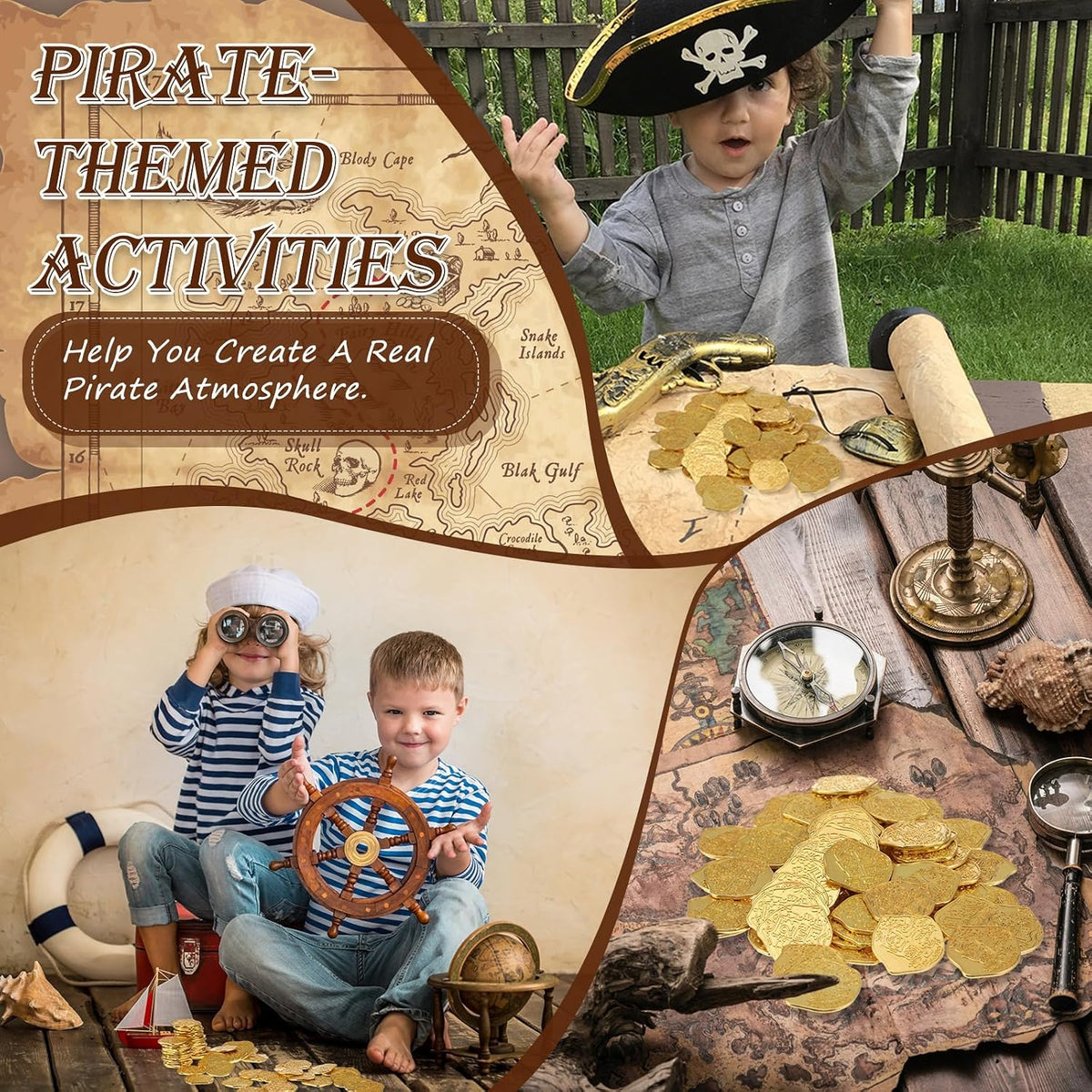Hanaive 200 metal pirate coins in gold zinc alloy with retro pirate design - view 4
