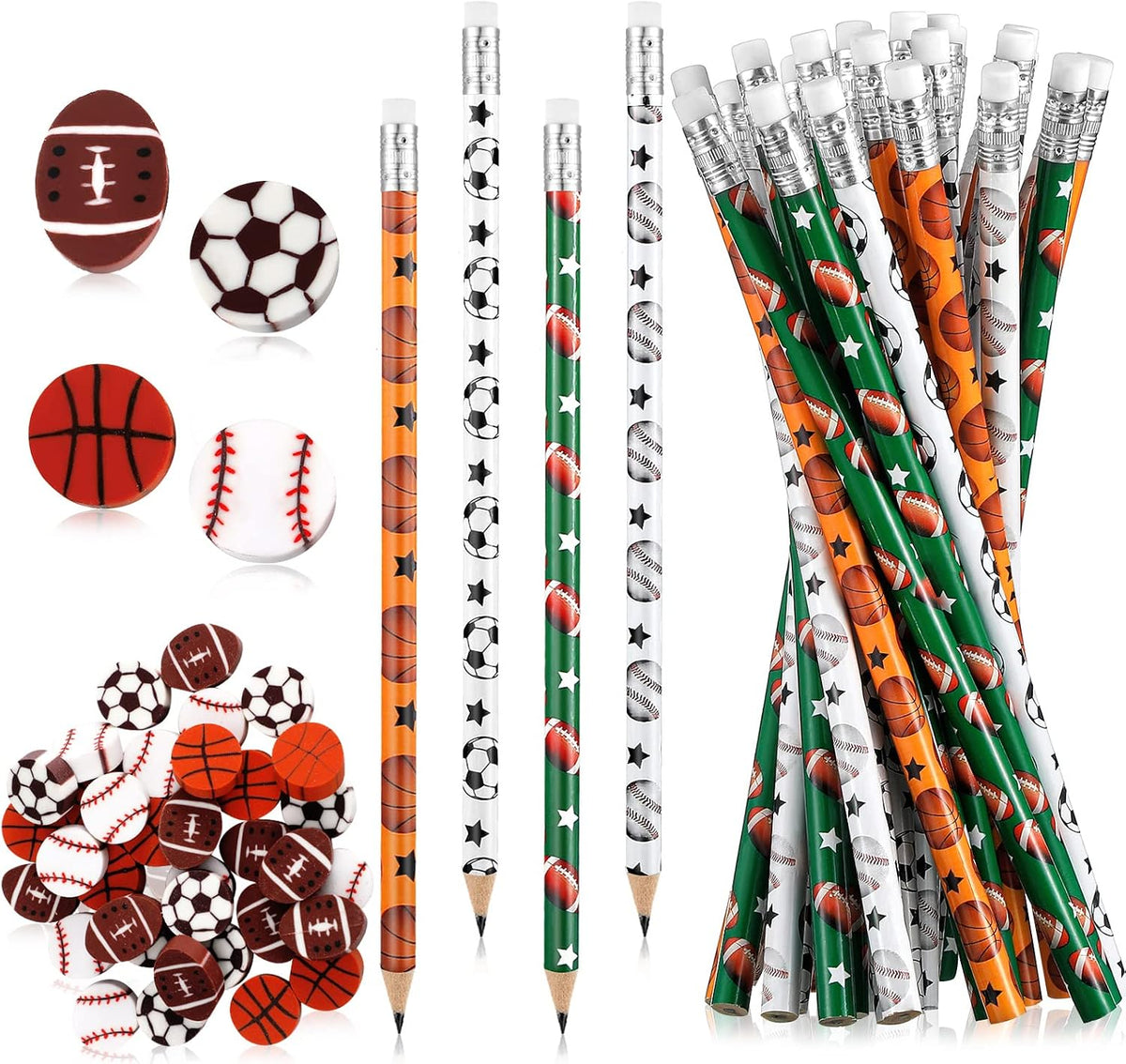 Tinlade 72 Pcs Sports Pencils and Erasers for Boys, Party Favors – Fun for Kids & Family - Sports