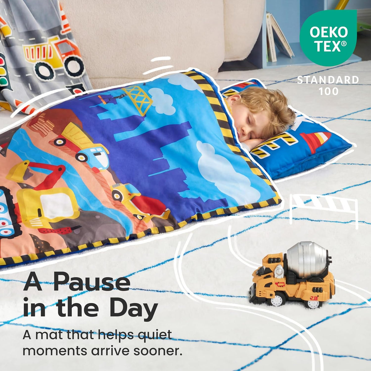 JOIEDOMI Toddler Nap Mat with Removable Pillow and Minky Blanket - Light Blue Construction - image 4