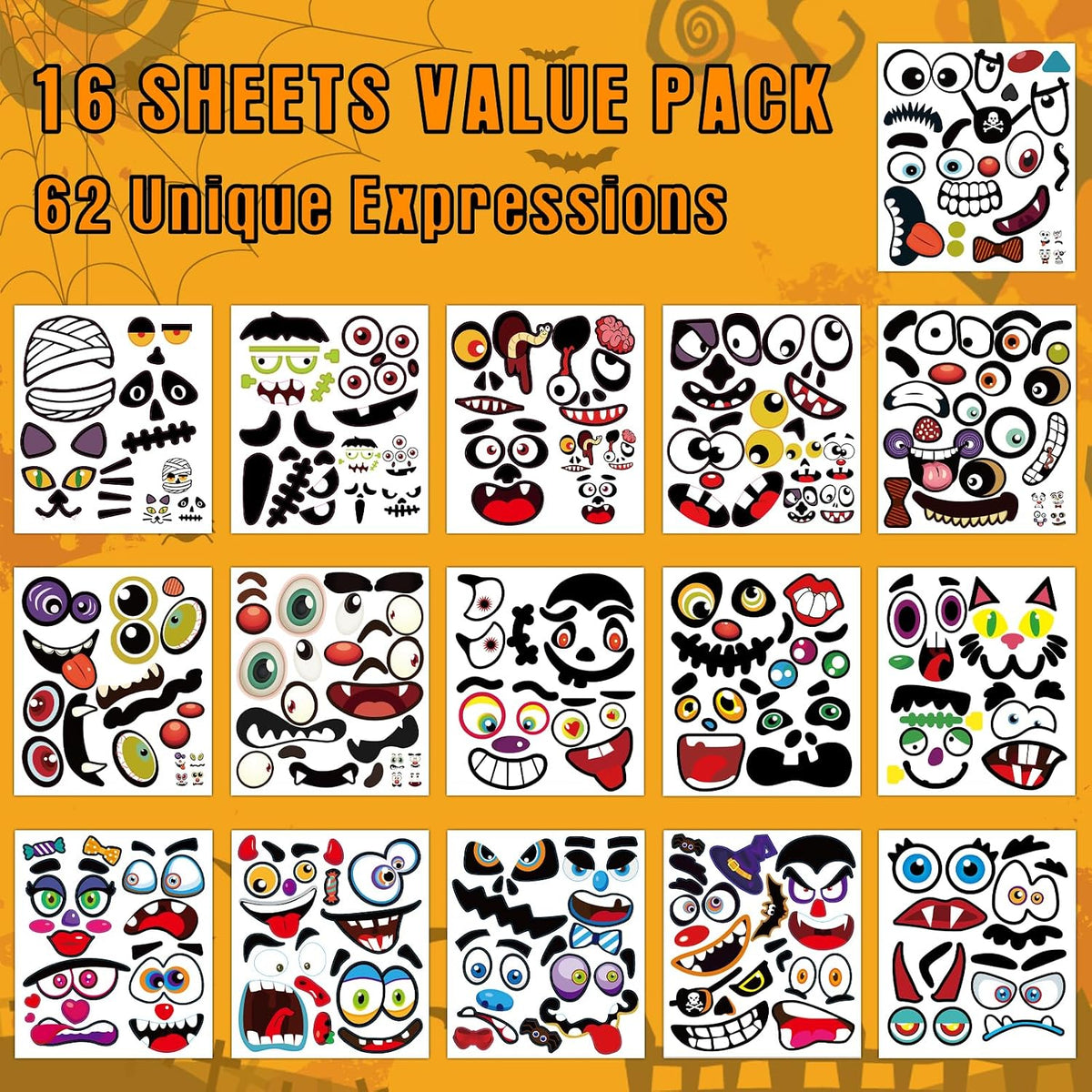 Aowplc Halloween pumpkin face stickers for kids, 32 small faces on vinyl sheets - view 4