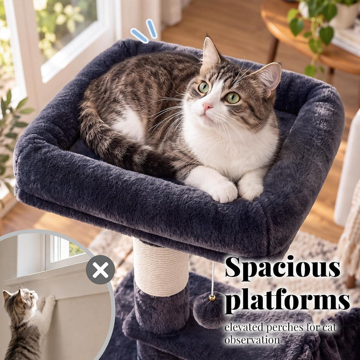 Hey-brother Cat Tree, Multi-Level Sisal Covered Scratching Posts - Smoky Gray / 60.6 Inches - image 3