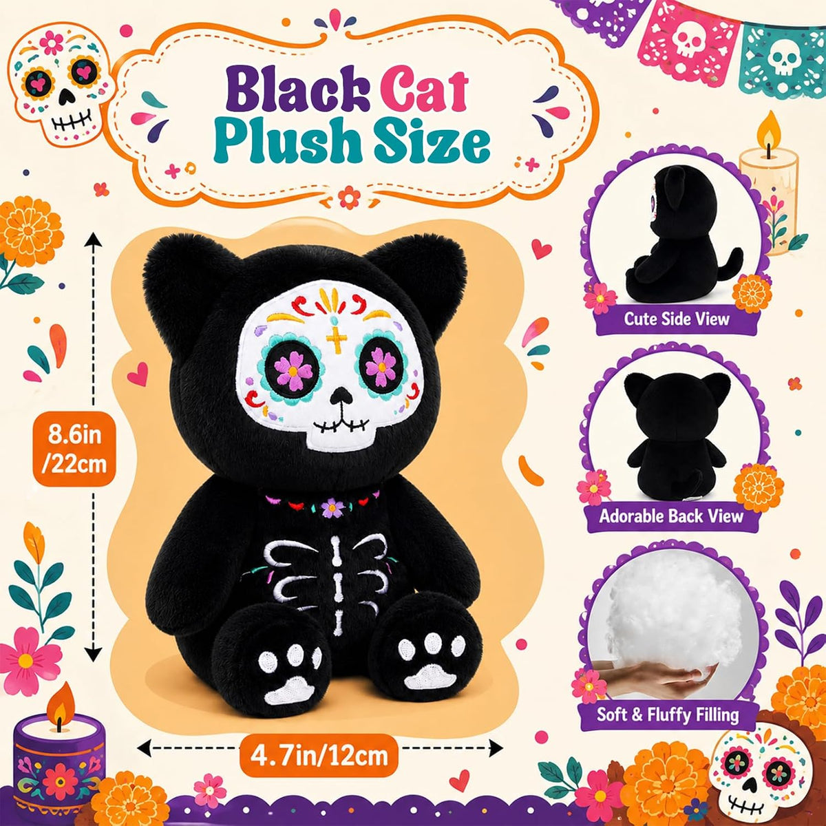 MUFEIRUO Halloween black cat plush holding pumpkin bag, wearing orange witch hat - view 35