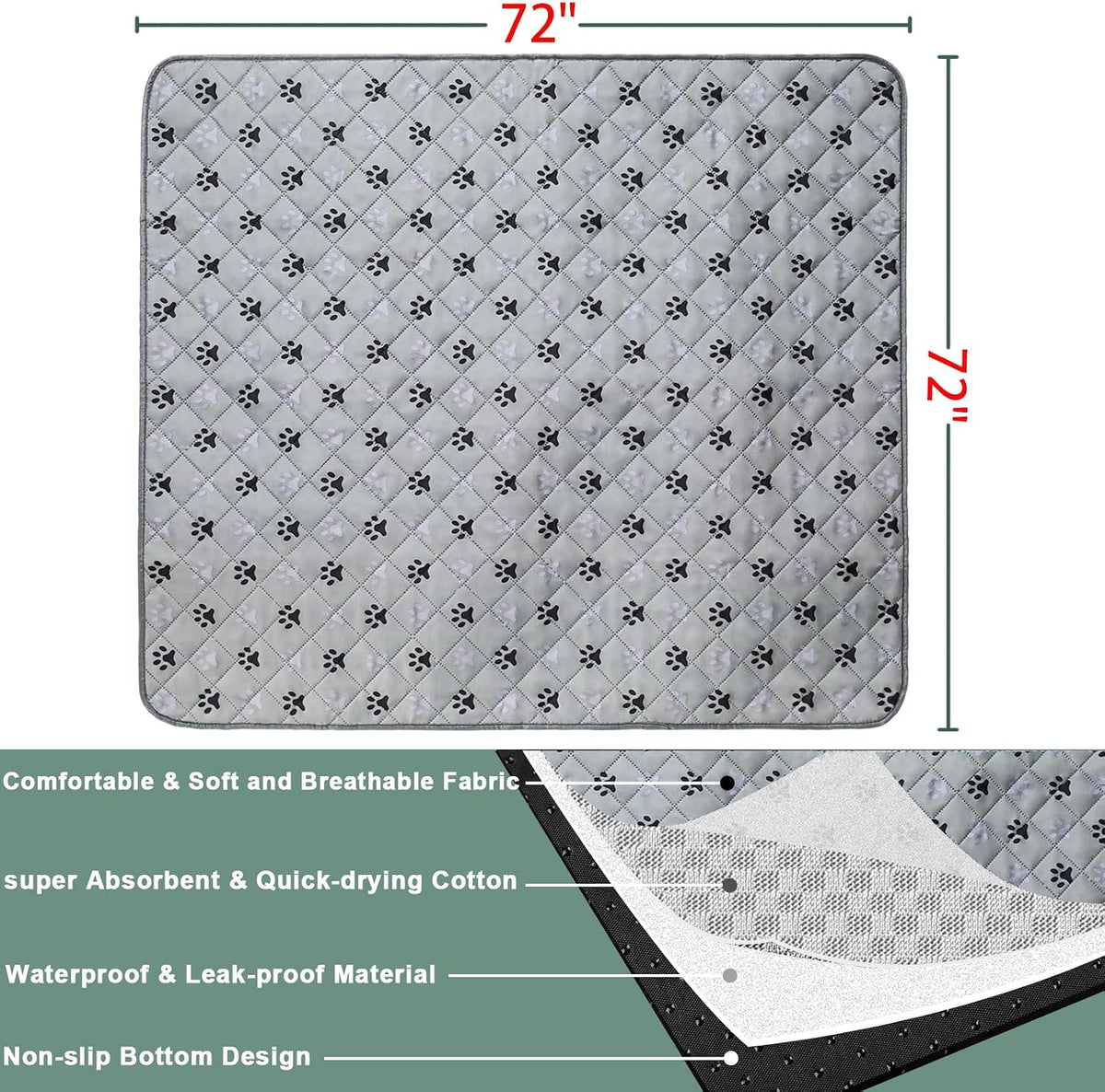 2 Pack 72"x 72" Waterproof Non Slip Wee pad，Reusable Washable Pee - 72x72 Inch (Pack of 2) - image 2