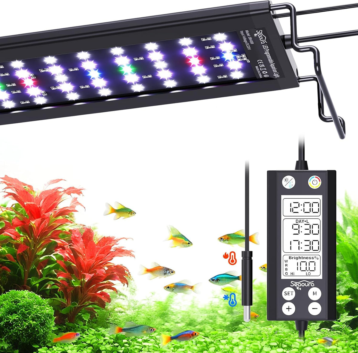 SEAOURA WRGB DIY Aquarium LED Light with Thermometer for 18-24in Fish - For 24'' - 30'' Tank