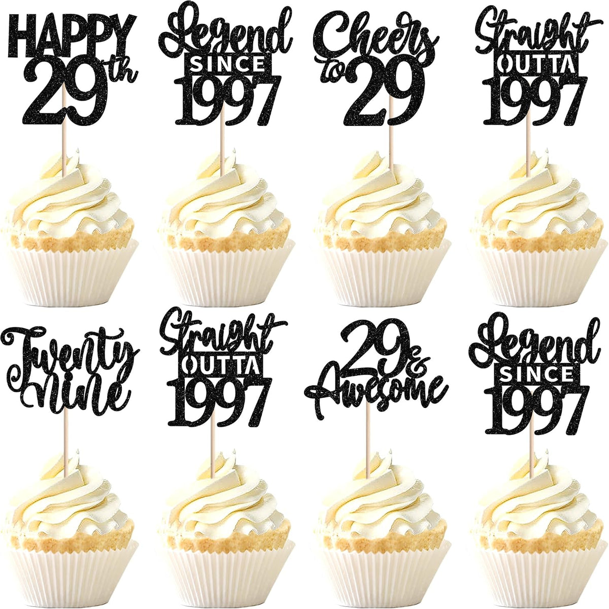 24PCS Black Happy 50th Birthday Cupcake Toppers Fifty Straight Outta - Black / 29th