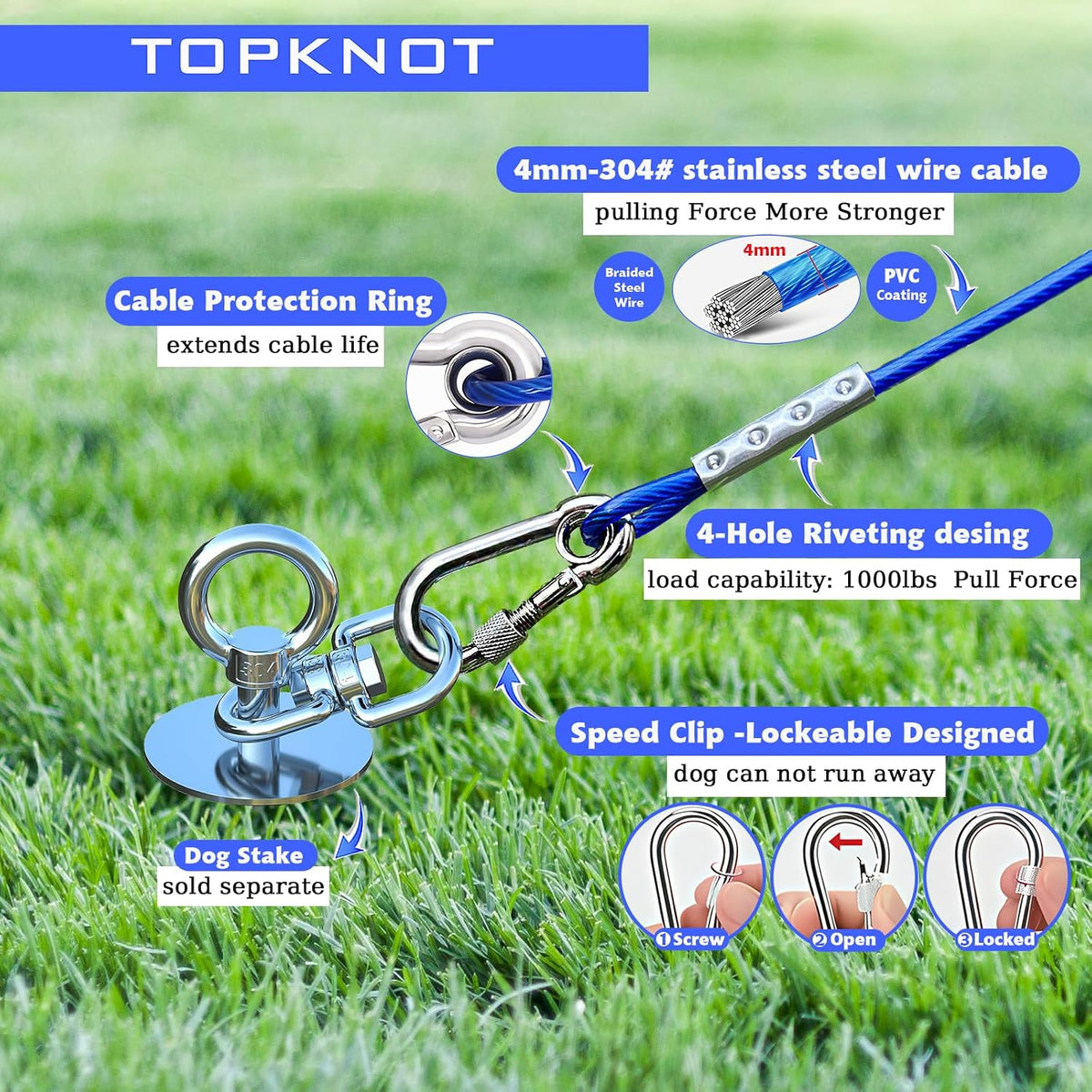 Dog Tie Out Cable and Stake - dog stake+45ft/150lbs / Blue - image 3