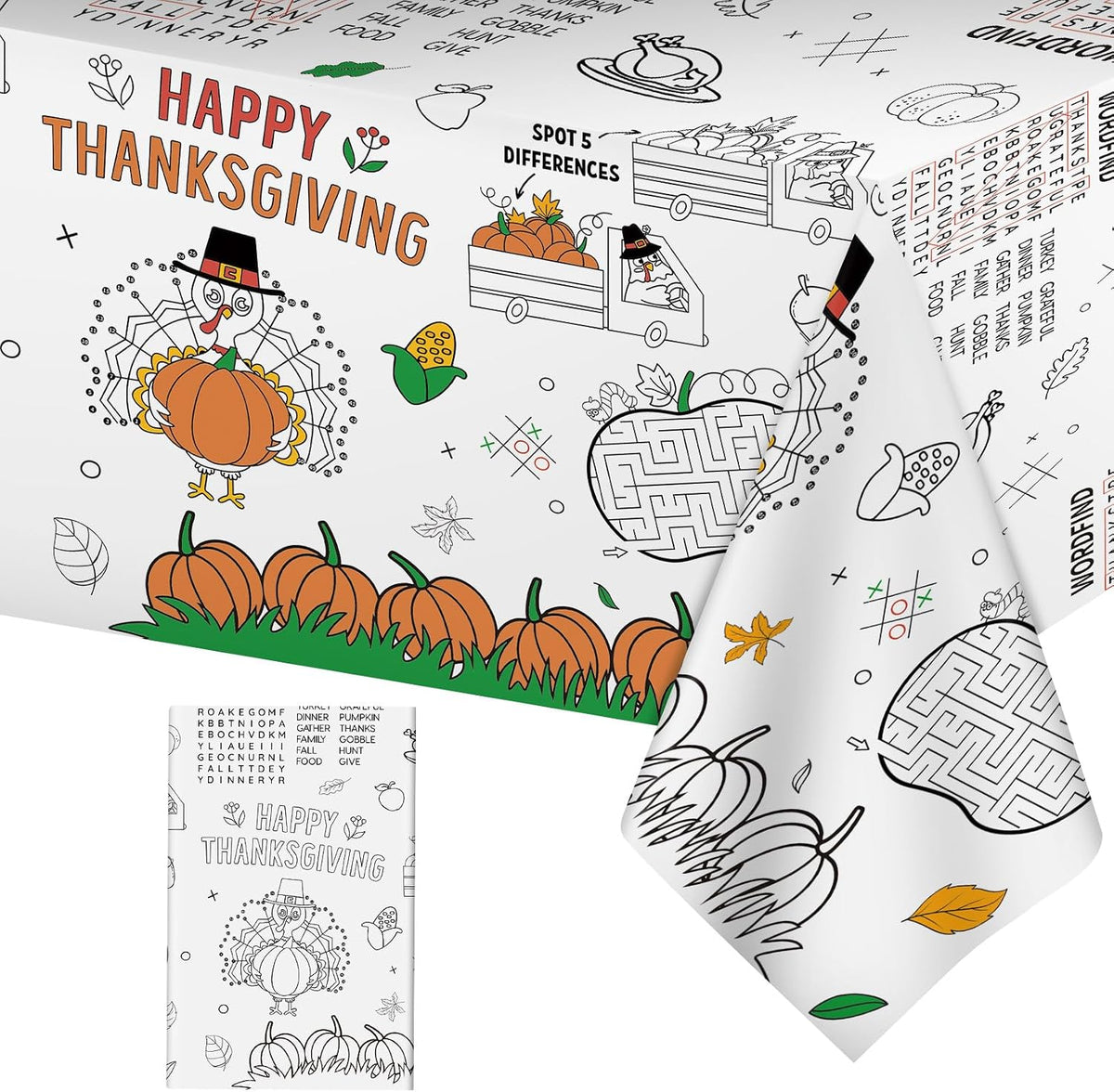 Litmitfu Thanksgiving coloring paper tablecloth with turkeys, pumpkins and games