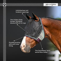Kensington 90% UV Fly Mask Halter CatchMask UViator - Without Ears & Forelock Freedom Web Trim *Roomy Fit*- X-Large, Deluxe Black