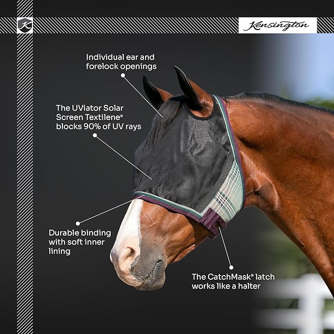 Kensington 90% UV Fly Mask Halter CatchMask UViator - Without Ears & Forelock Freedom Web Trim *Roomy Fit*- Medium, Atlantis
