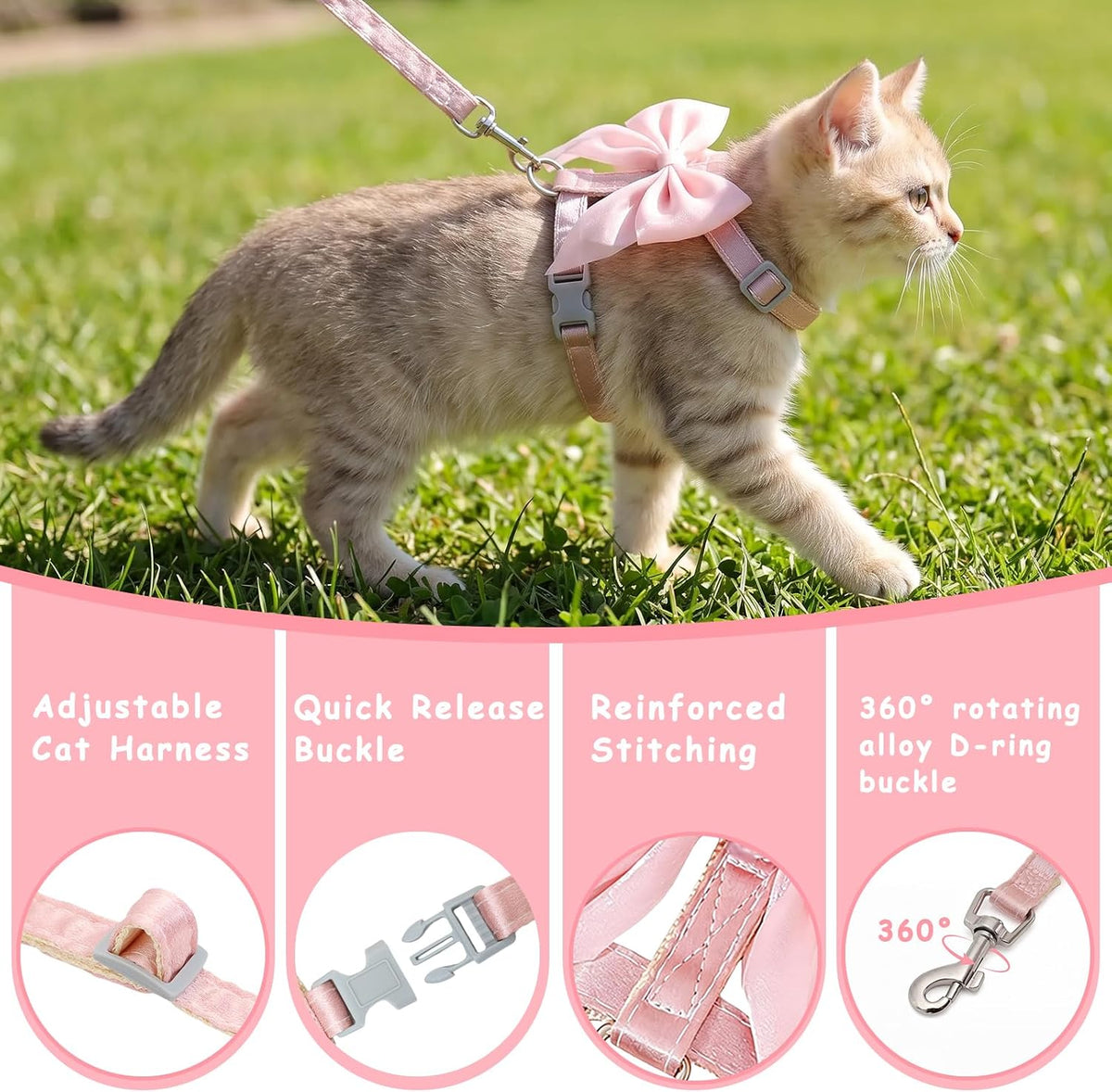 Tensho Pink Bow Cat Harness and Leash Set, Escape Proof - Pink Bow / M - image 2