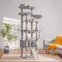 Heybly Tall Cat Tree, 78-inch Multi-Level Cat Tower for Indoor Cats, 2 Widened Plush Perches Cat Condo with Scratching Board and Big Caves, Light Gray HCT033W