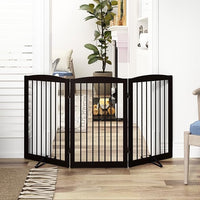 Freestanding Pet Gate for Dogs, Foldable Wooden Dog Gate for House Indoor, Tall Pet Fence for Stair, Doorway,Hall, Support Feet Included, 3 Panels 32",Brown