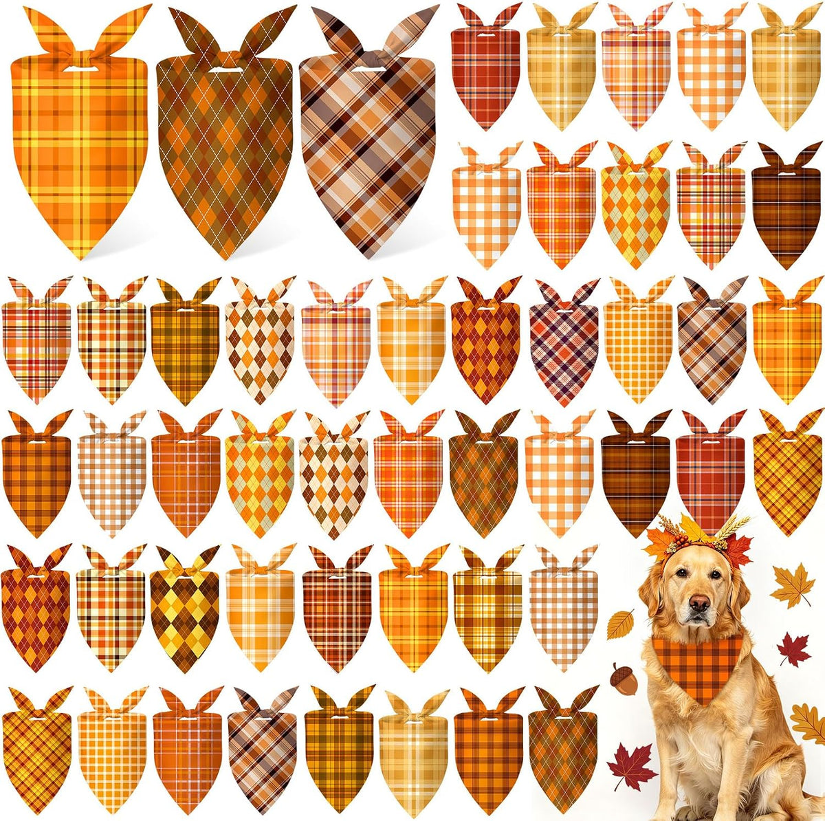 50 Pcs Halloween Dog Bandanas Bulk - 25.6 x 17.7 x 17.7 Inch / Fall Plaid / 100
