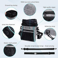 Dog Treat Pouches Training Walking Bag with Shoulder Strap, Large Space for Pets Food, Polyester Fabric, 3-Way Wearing Design, Portable Pet Bagand Easy to Clean, Black with Grey