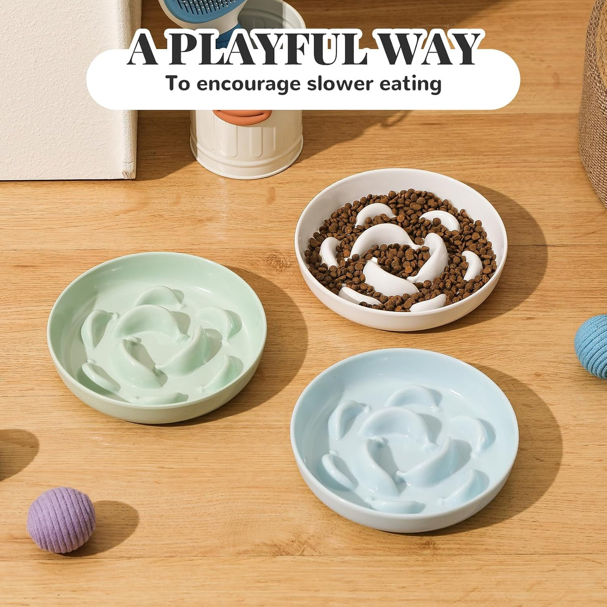 Melamine Slow Feeder Cat Bowls, Dishwasher Safe - 3 Pack - White/Blue/Green / 2"H - image 4
