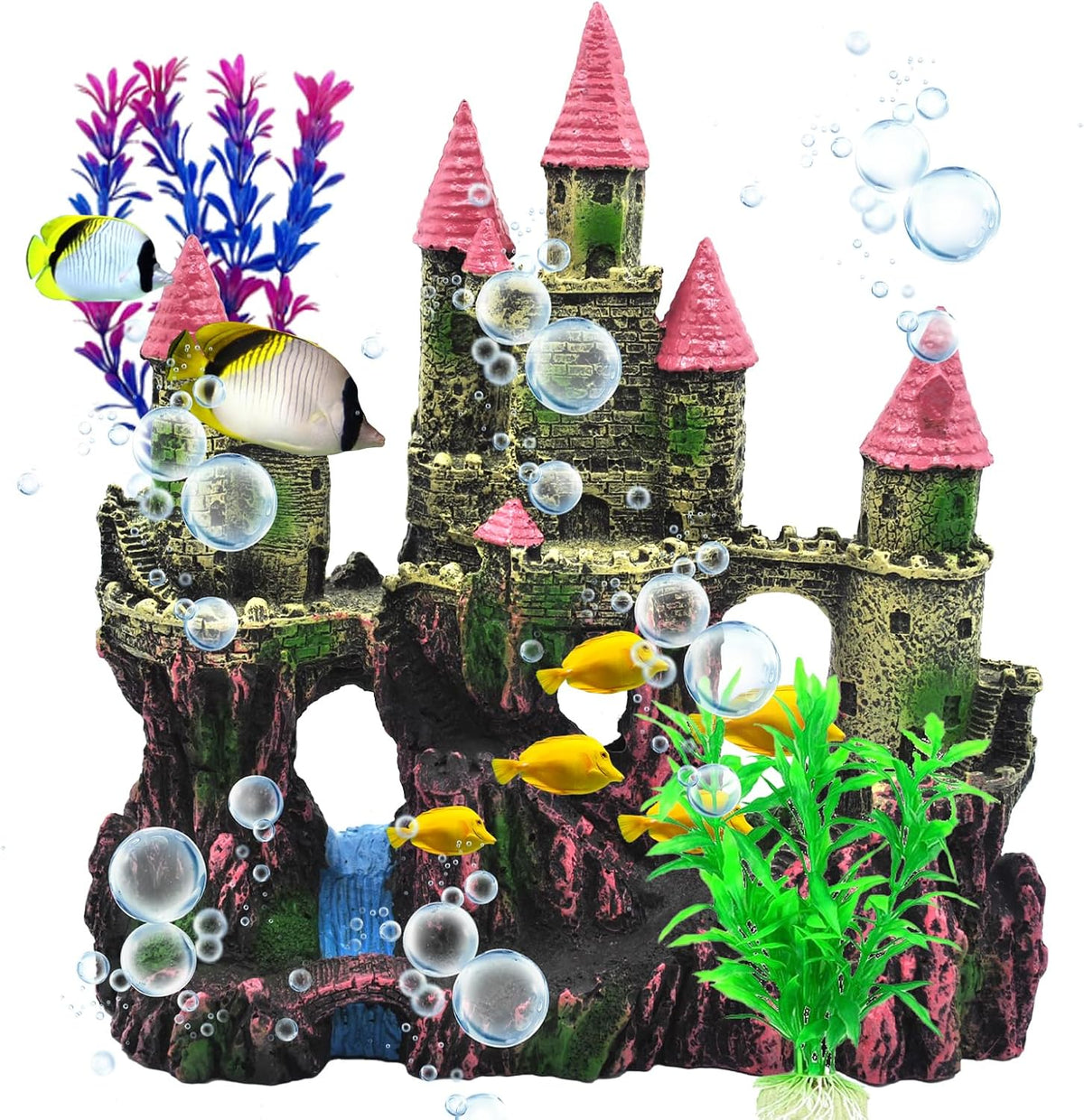 Aquarium Castle Decor, Resin Castle for Fish Tank with Randomly Color Plants Decorations - 【pink】