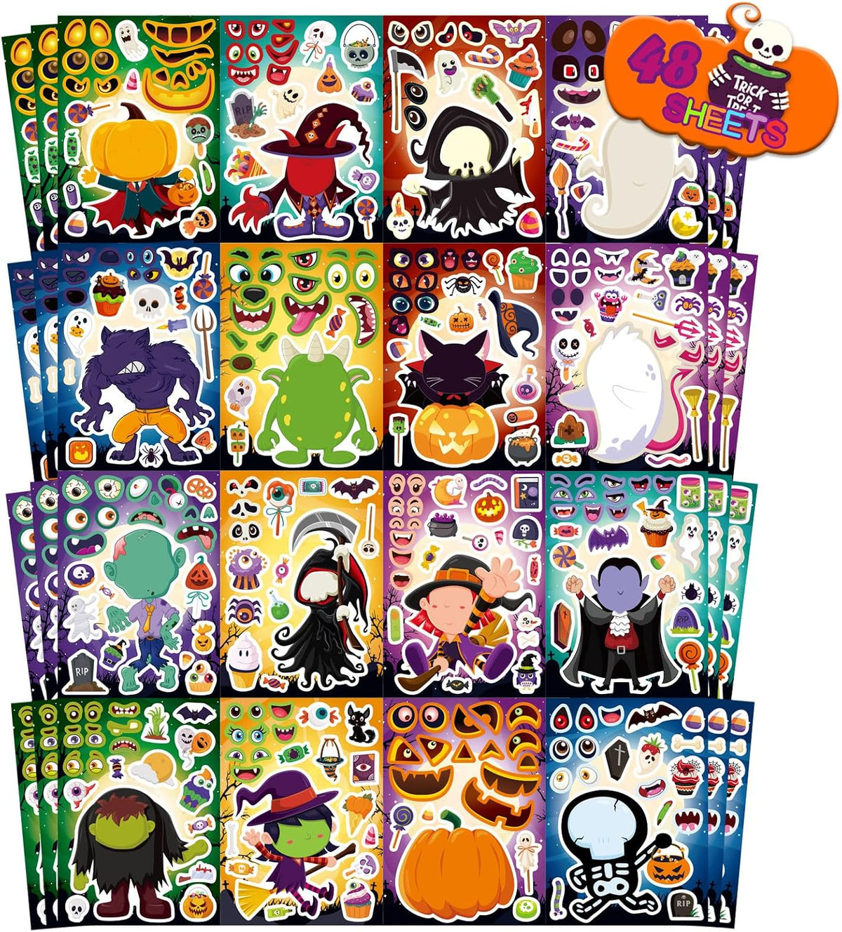 48PCS Halloween Make-a-face Stickers Halloween Characters Stickers - Halloween 16 Style